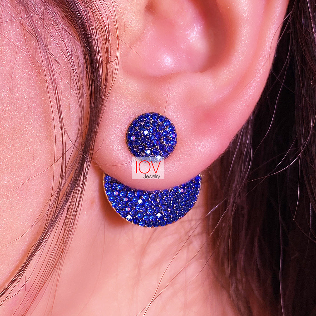 Back and front round fushia and blue earrings.