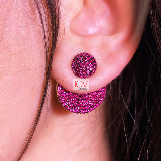 Back and front round fushia and blue earrings.