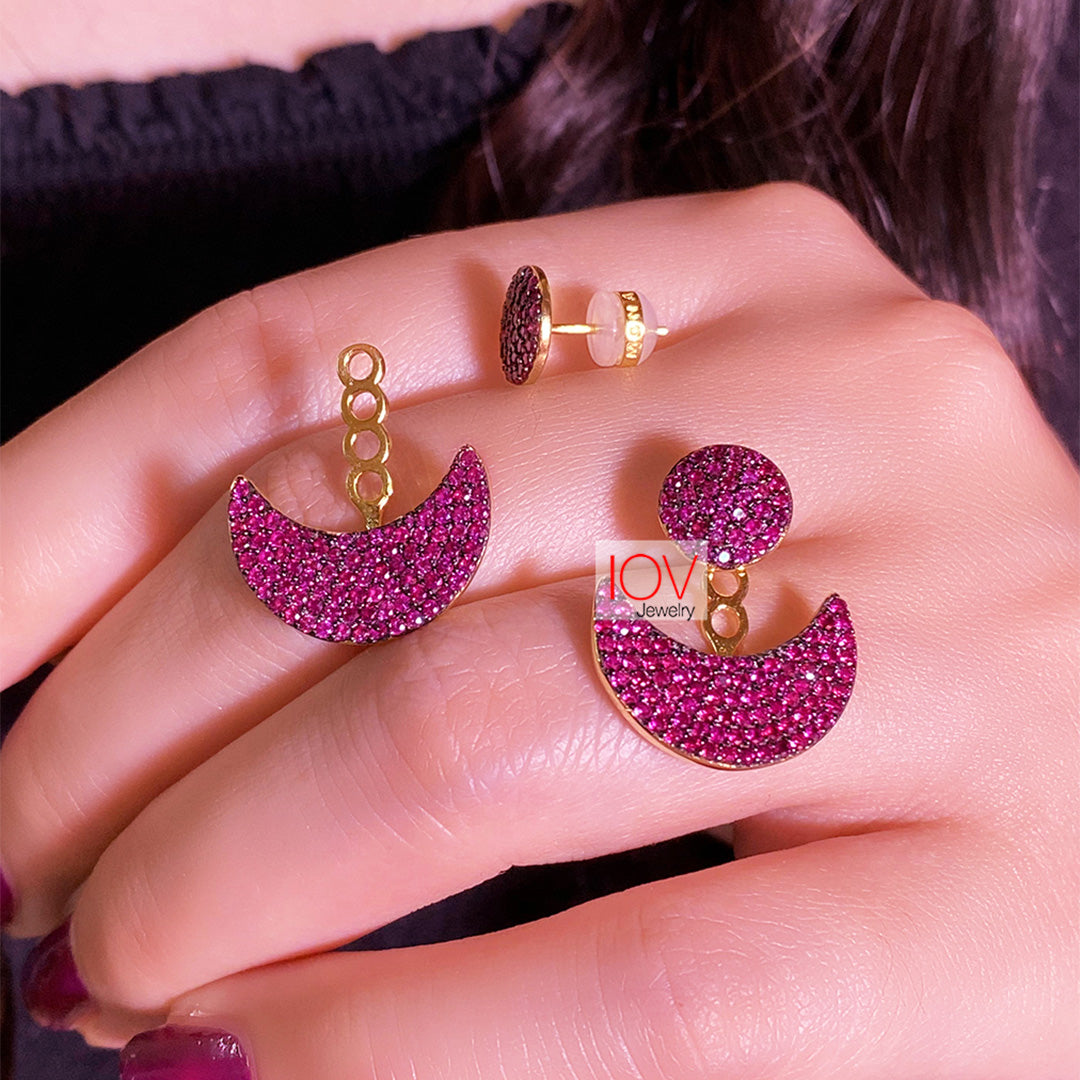 Back and front round fushia and blue earrings.