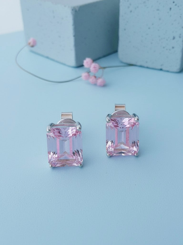 rectangular pink and yellow CZ stud earrings.