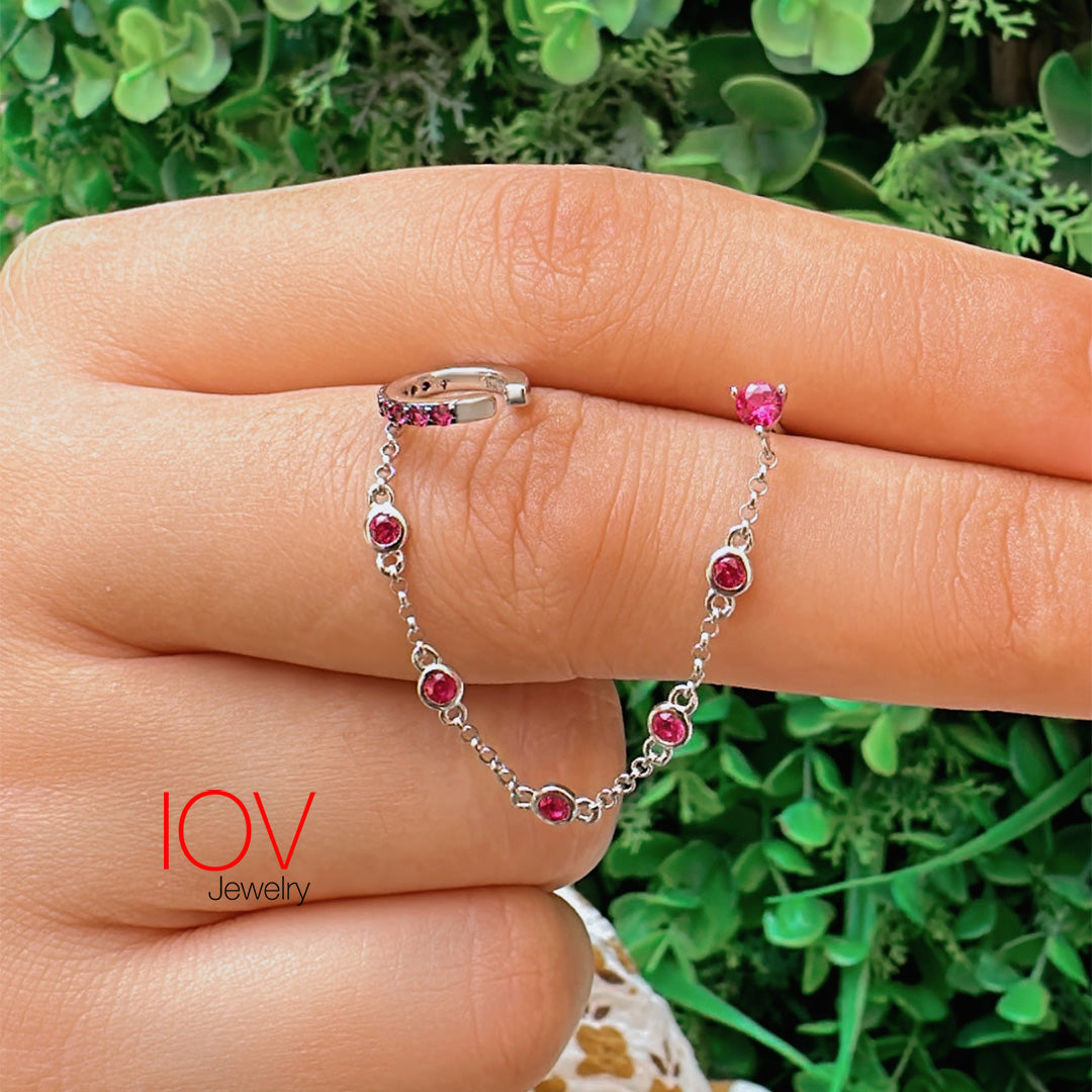 emerald and ruby color stud earring linked with earcuff.