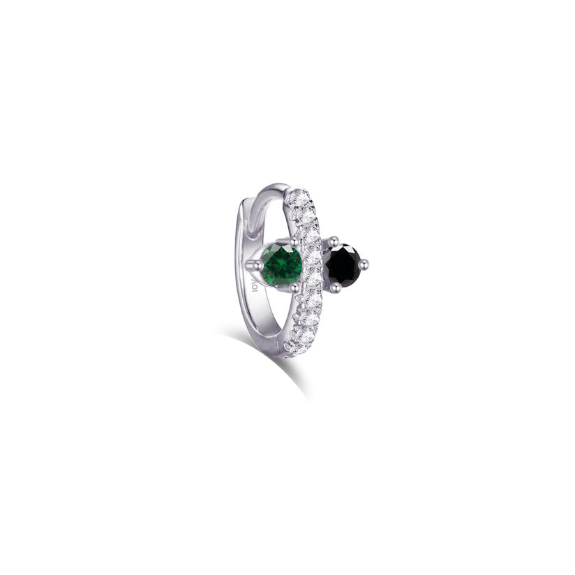 Huggie hoop earring with green and black stones.