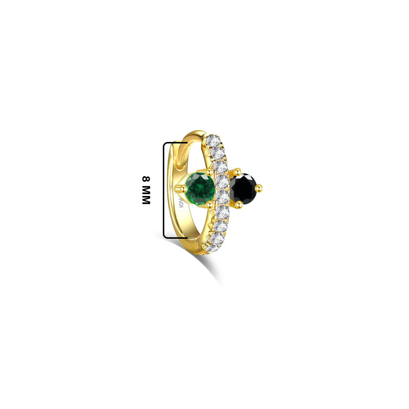 Huggie hoop earring with green and black stones.