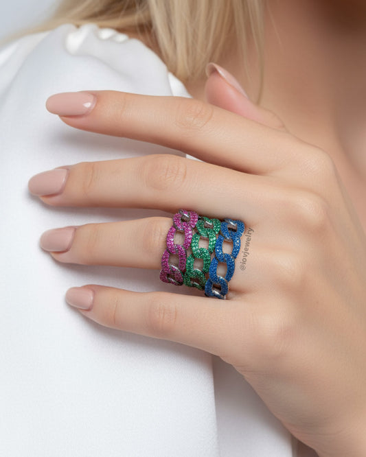 all round curb chain style rings with colorful CZ.