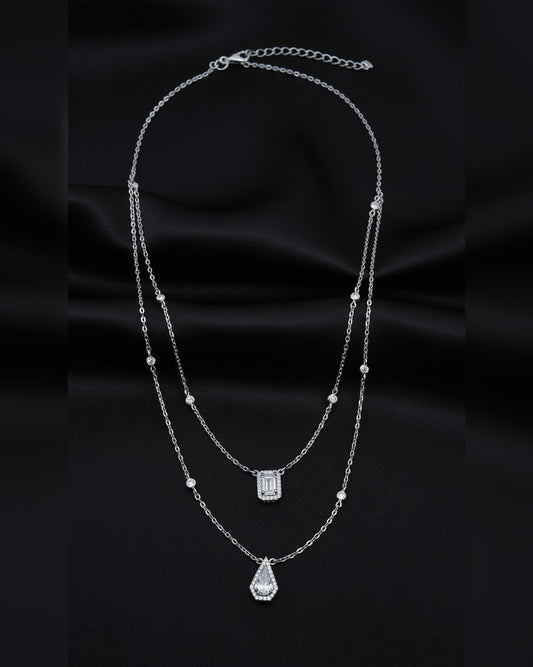 two layers necklace of rectangular and kite CZ shape.