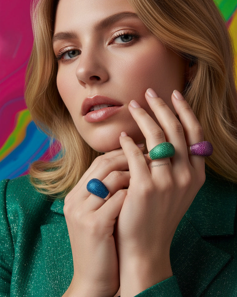 dome shape colorful CZ rings.