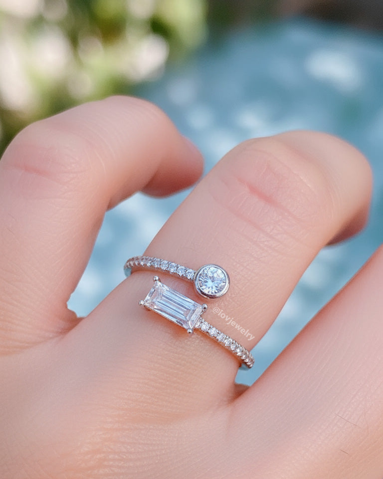 simple adjustable size open ring of baguette and round CZ.