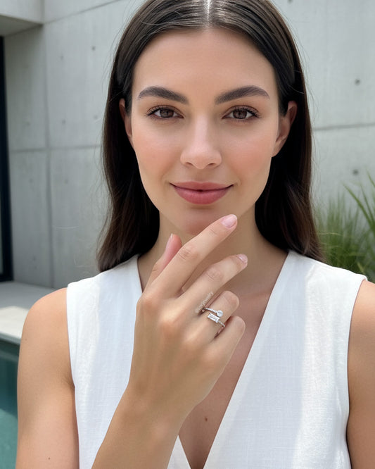 simple adjustable size open ring of baguette and round CZ.