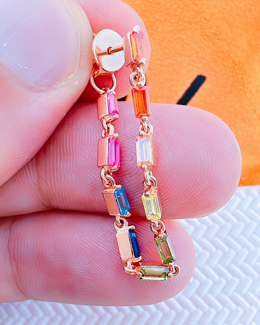 multicolor rectangular stones back and front links rosegold earring.