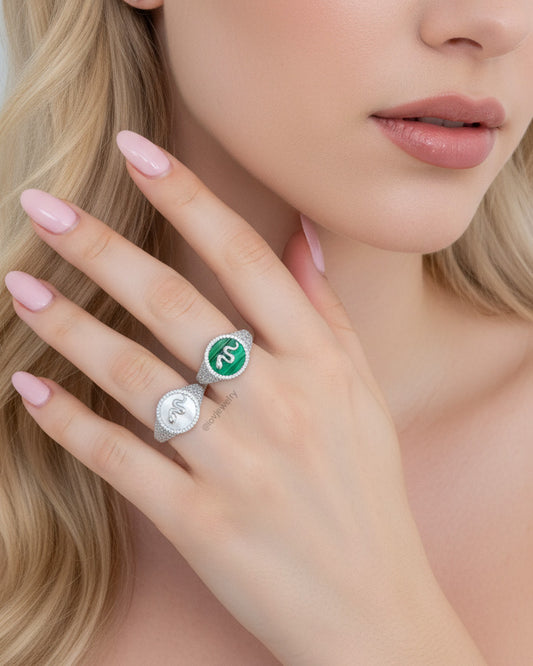 malachite and MOP snake signet CZ ring.