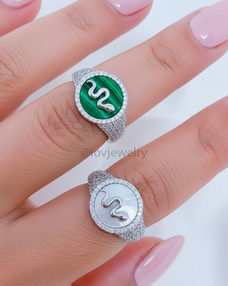 malachite and MOP snake signet CZ ring.