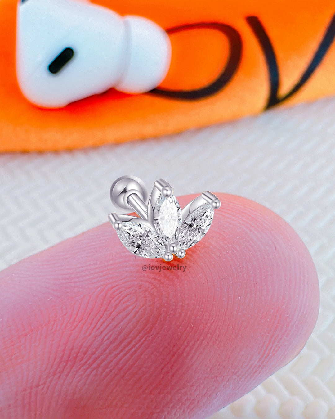 three marquise stones in lotus shape ballback piercing earring.