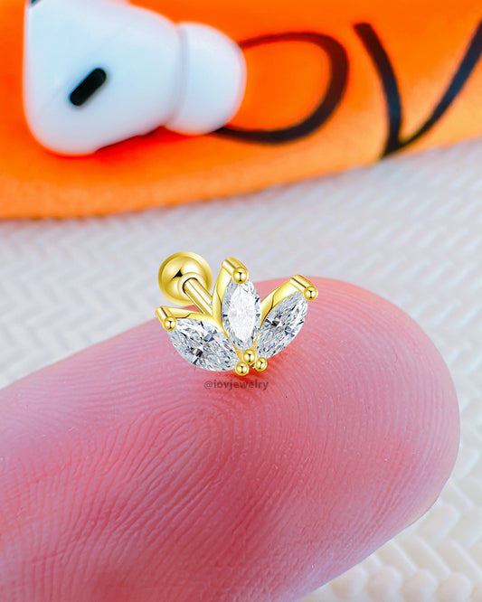 three marquise stones in lotus shape ballback piercing earring.