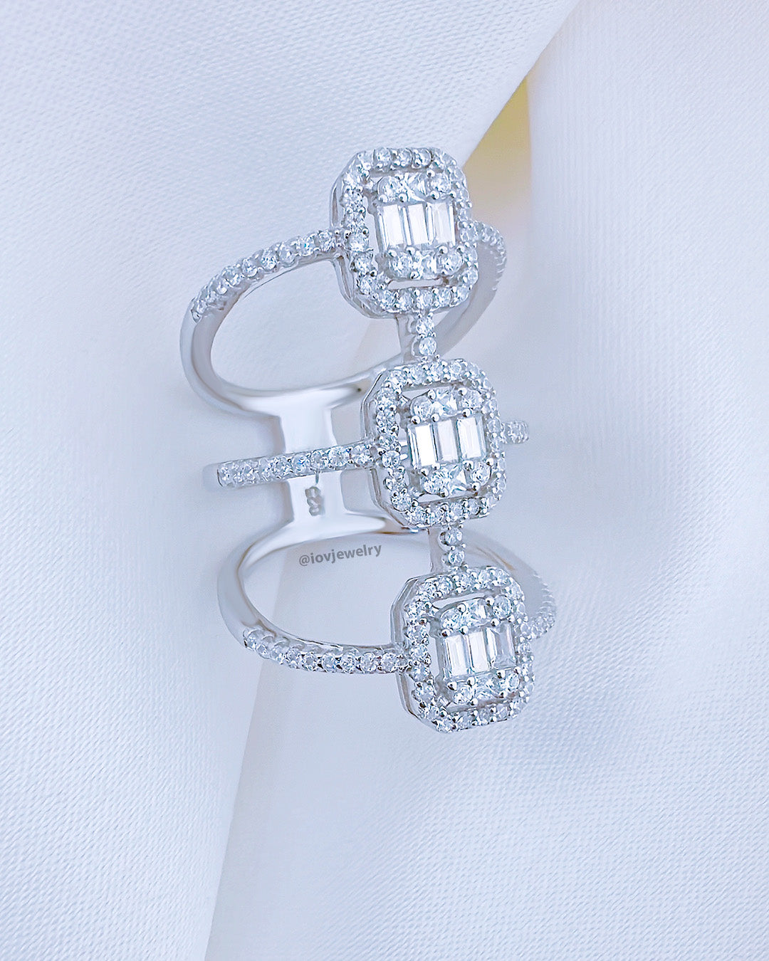 three rows rectangular baguette style ring.