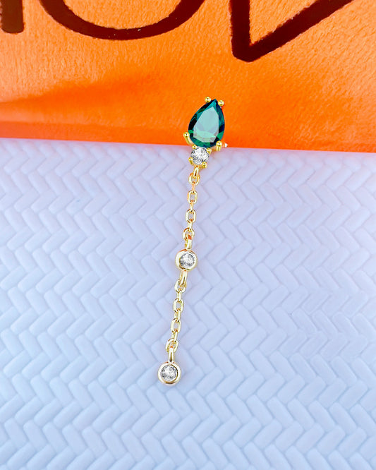 CZ emerald color pear shape stud earring with dngling chain and two white CZ in bezel setting.