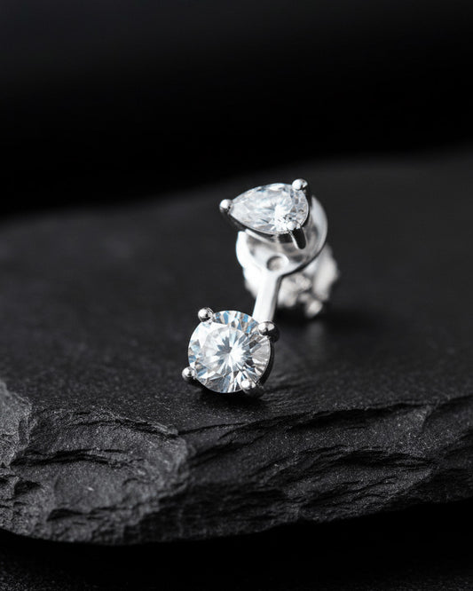 Pear and round shape CZ back to front stud earring.