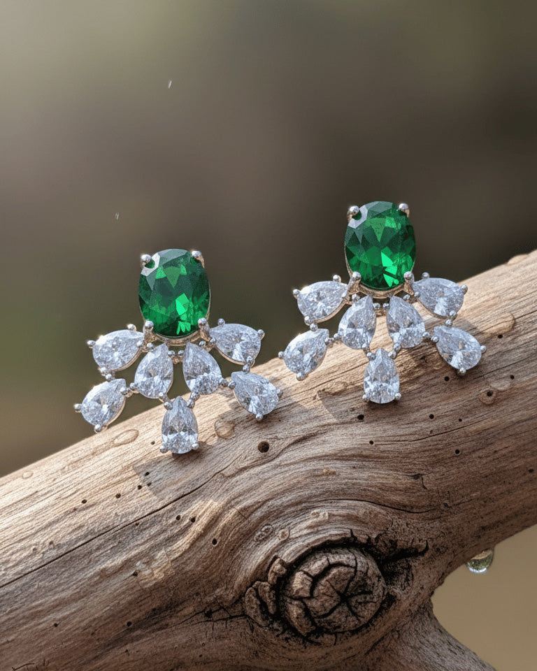 Oval Emerald & Ruby CZ Statement Earrings