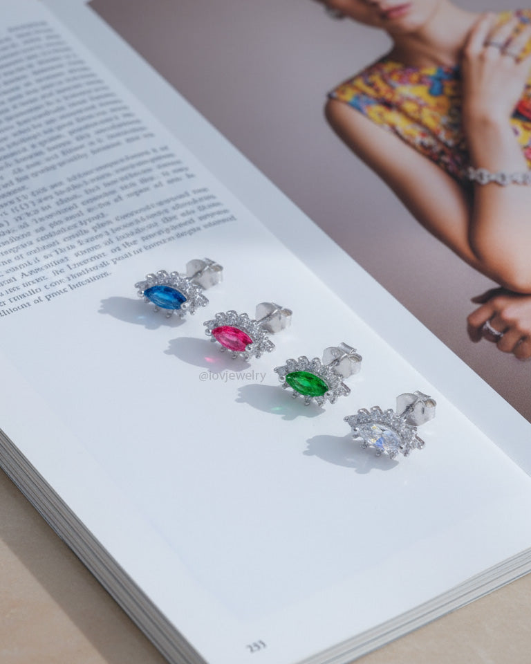 colored marquise shape CZ in halo setting stud earring.
