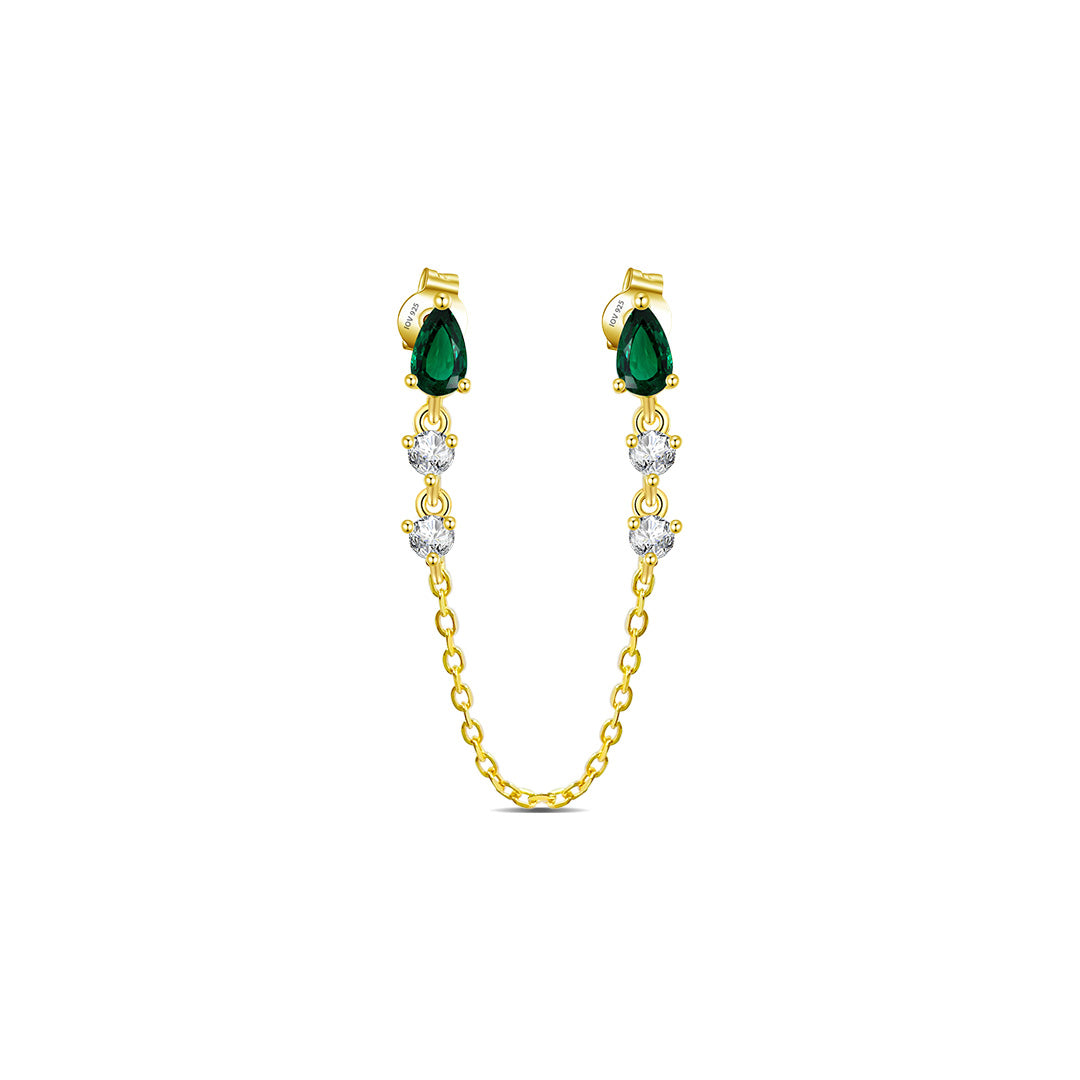 emerald color CZ double stud chain-linked earrings.