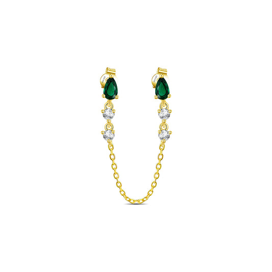 emerald color CZ double stud chain-linked earrings.