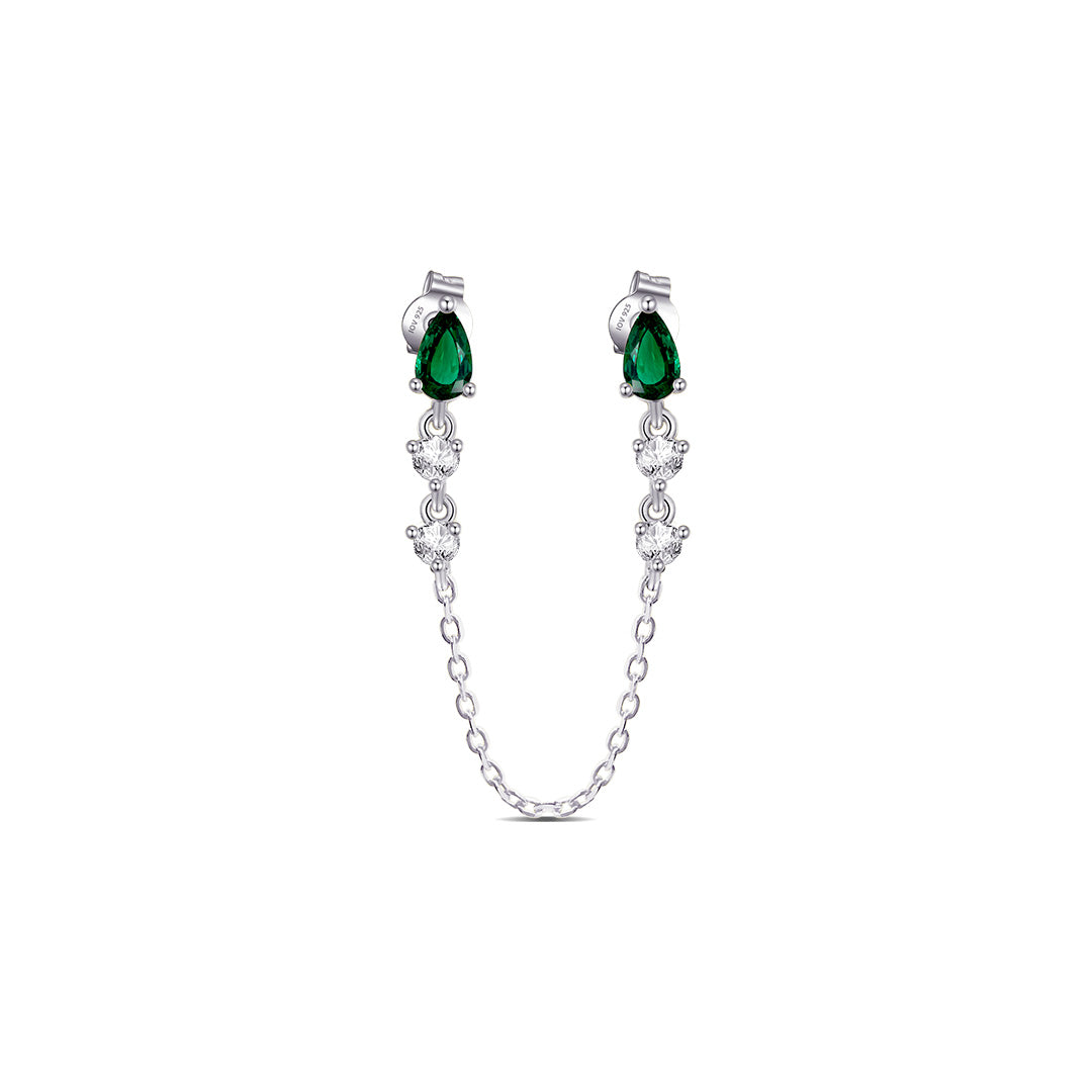 emerald color CZ double stud chain-linked earrings.