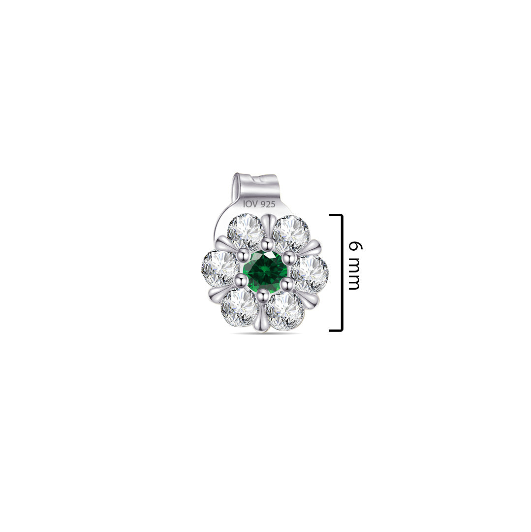 6mm flower shape stud earring with CZ in a cluster setting with emerald color centre stone.