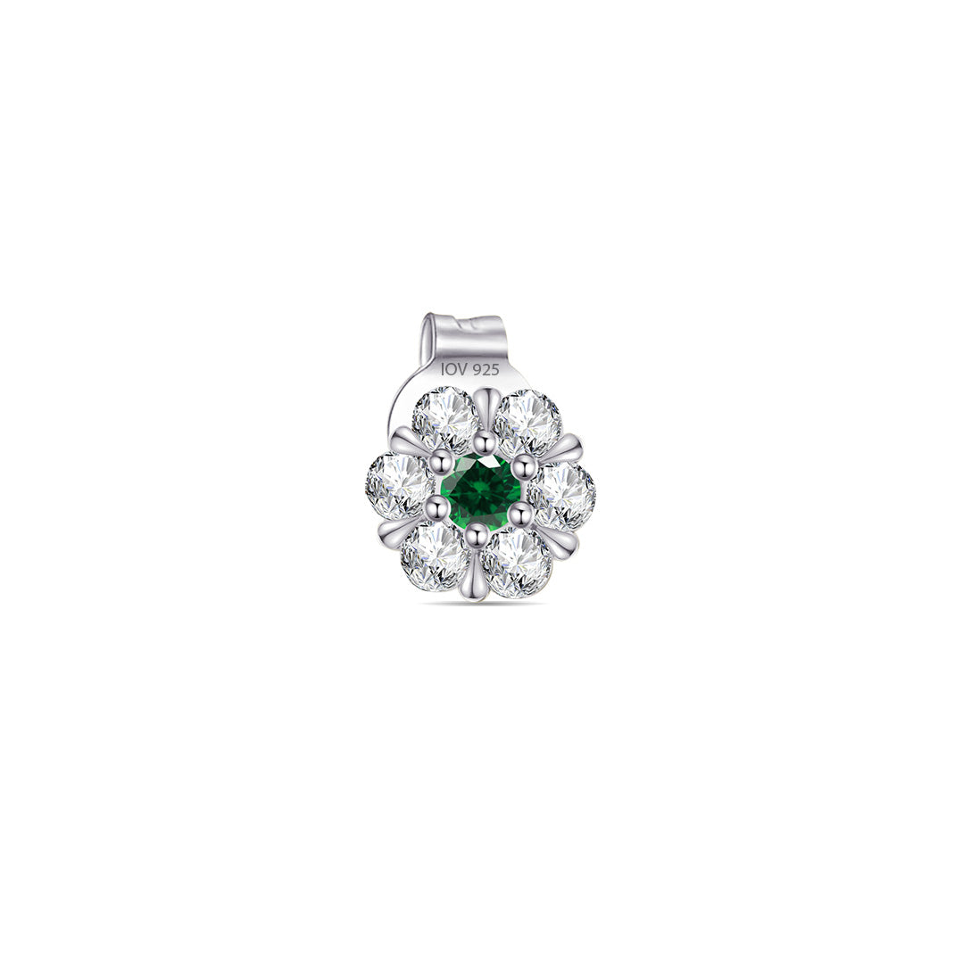 6mm flower shape stud earring with CZ in a cluster setting with emerald color centre stone.