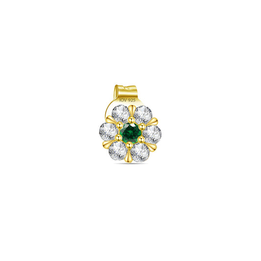 6mm flower shape stud earring with CZ in a cluster setting with emerald color centre stone.