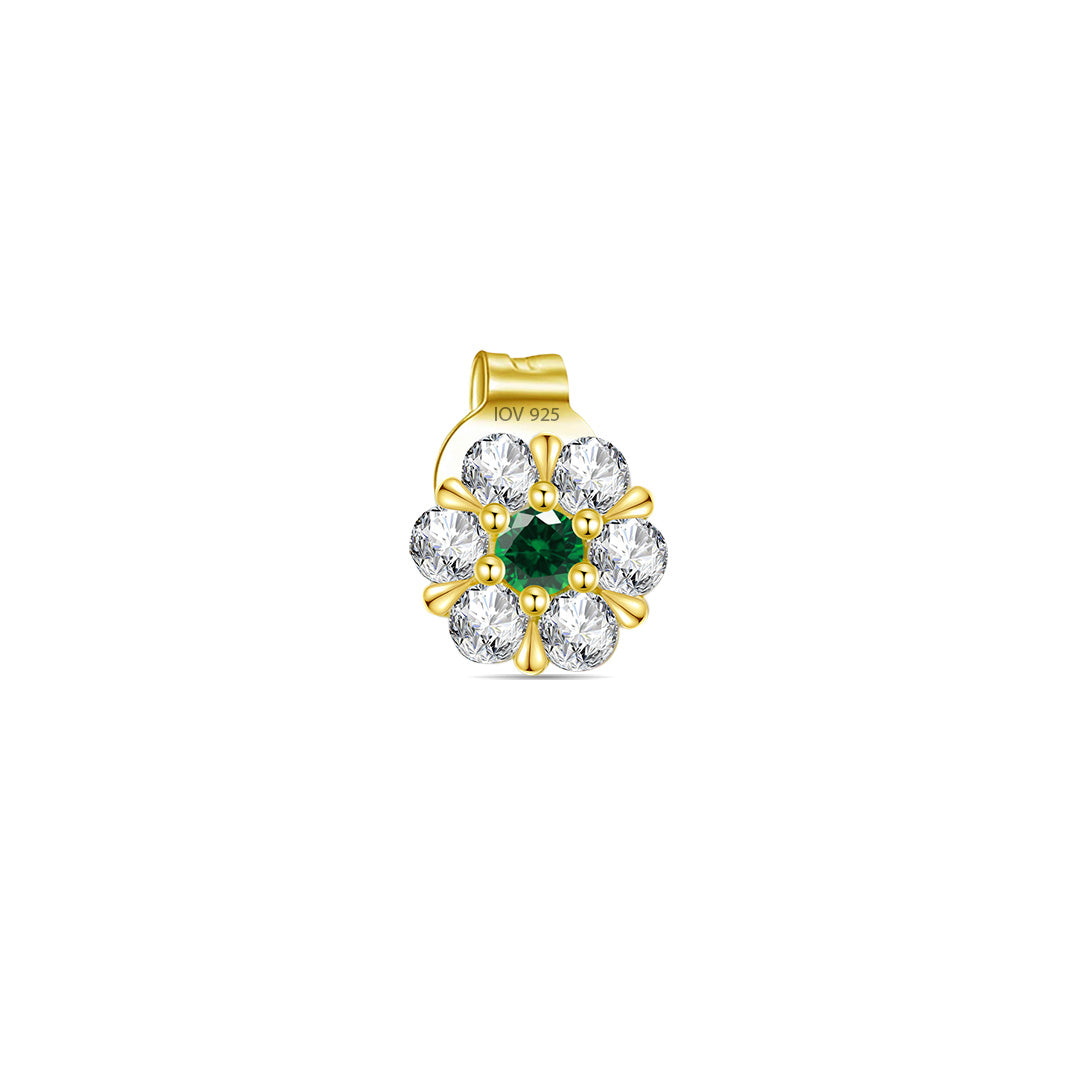 6mm flower shape stud earring with CZ in a cluster setting with emerald color centre stone.