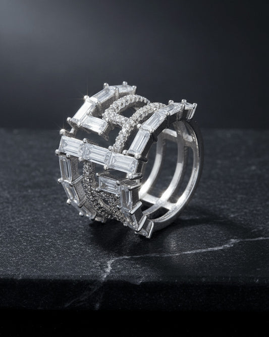multi lines of baguette and round shape CZ fashion ring.