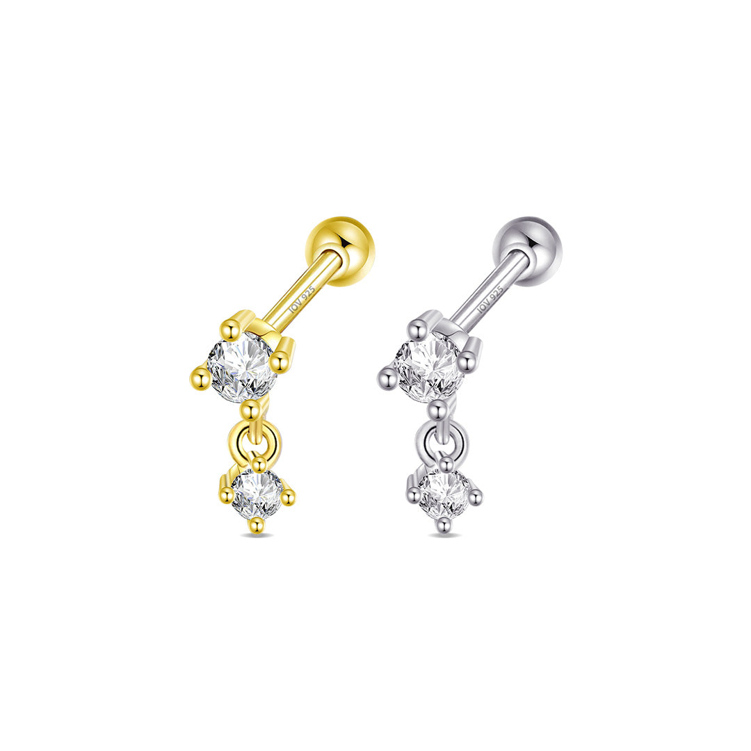 dangling two stone in a prong setting ball-back piercing earring.