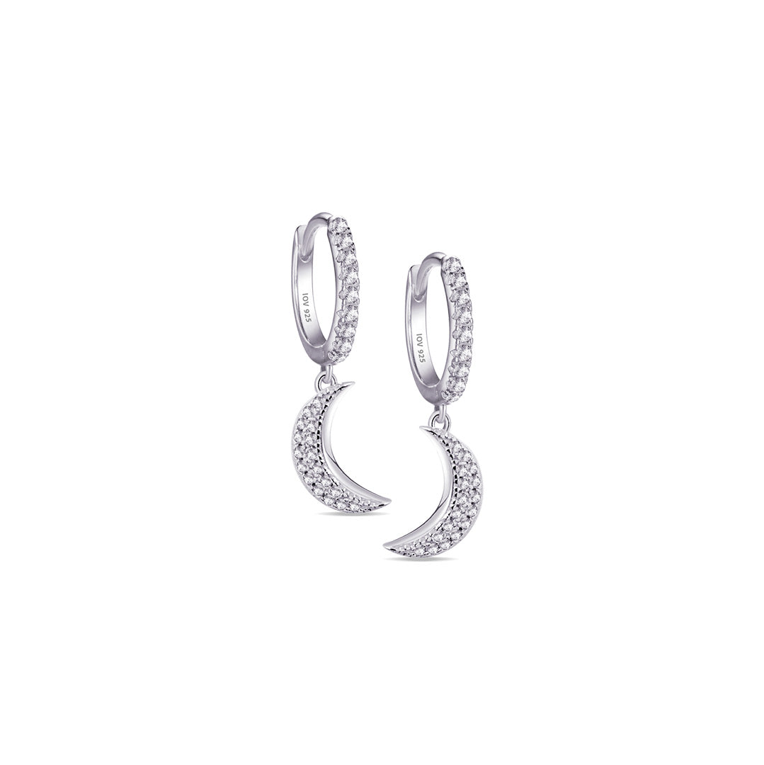 CZ hoops earrings with dangling crescent shape.