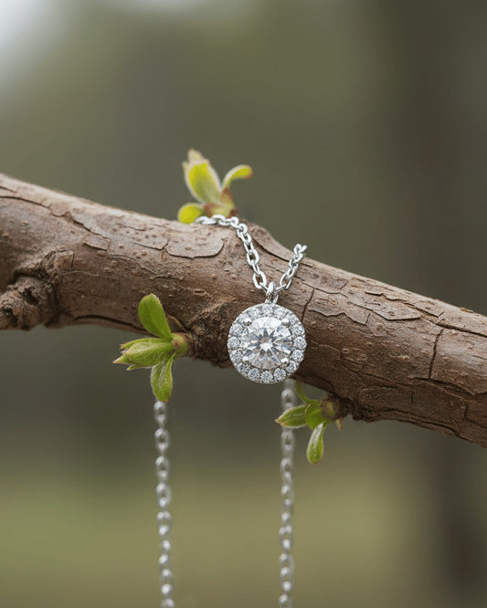 round stone CZ in halo setting necklace.