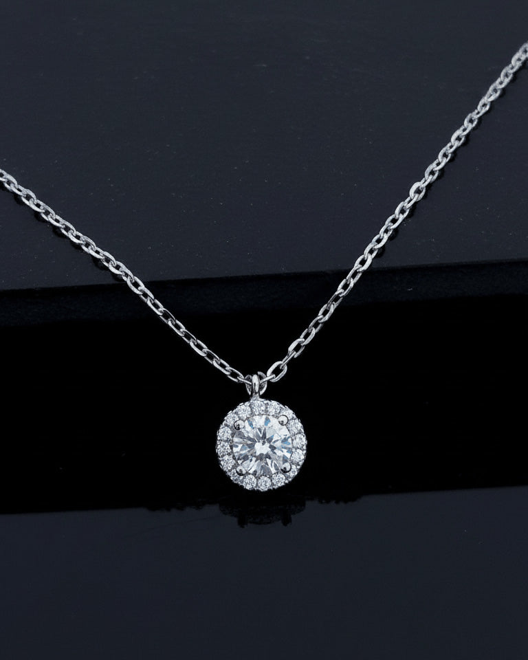 round stone CZ in halo setting necklace.