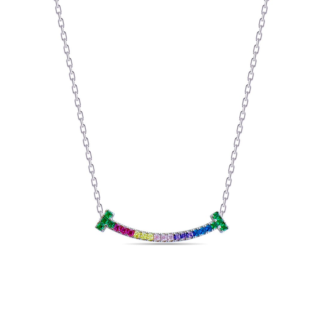 curved bar necklace with princess CZ rainbow stones.