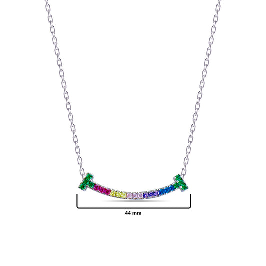 curved bar necklace with princess CZ rainbow stones.