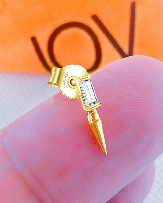 Baguette stud earring with dangling cone shape.