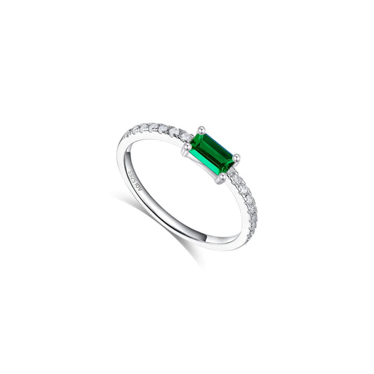 One line CZ band with rectangular emerald color stone.