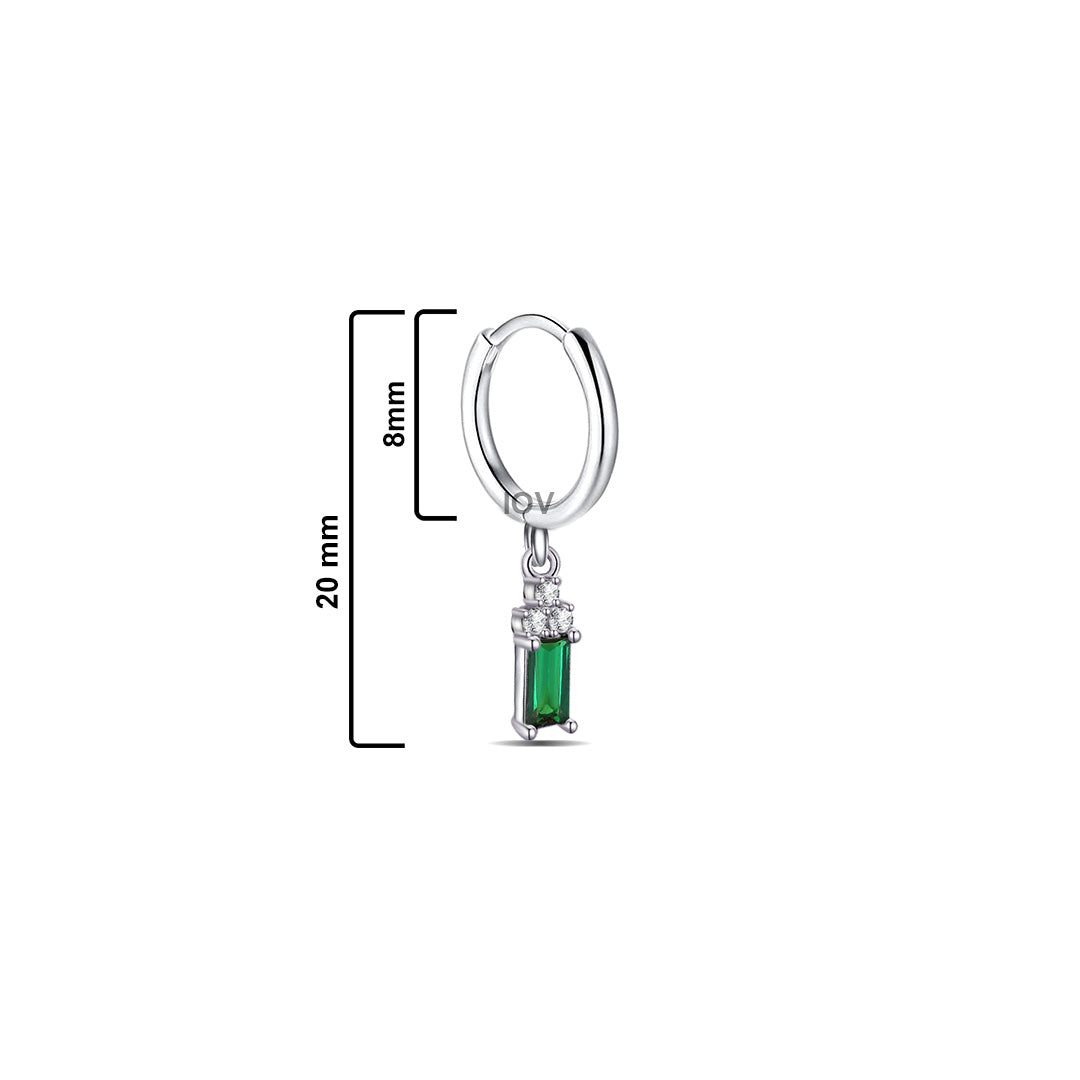 plain silver hoop with dangling emerald cut green stone.