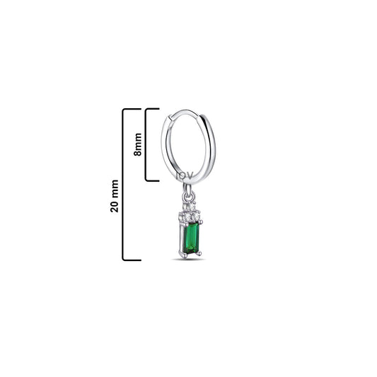 plain silver hoop with dangling emerald cut green stone.