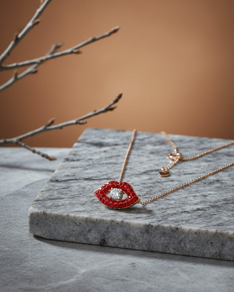 Red lips rosegold necklace.