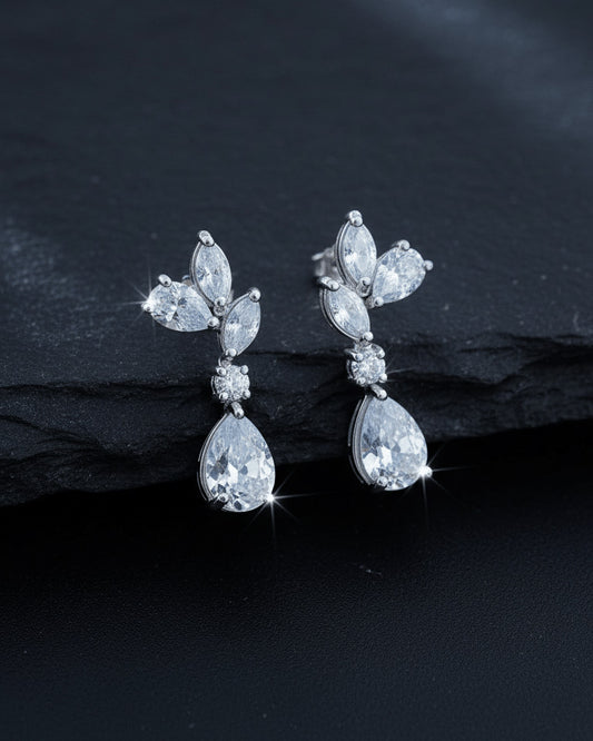 Sterling Silver CZ Teardrop Dangle Earrings | Marquise Floral Drop Earrings