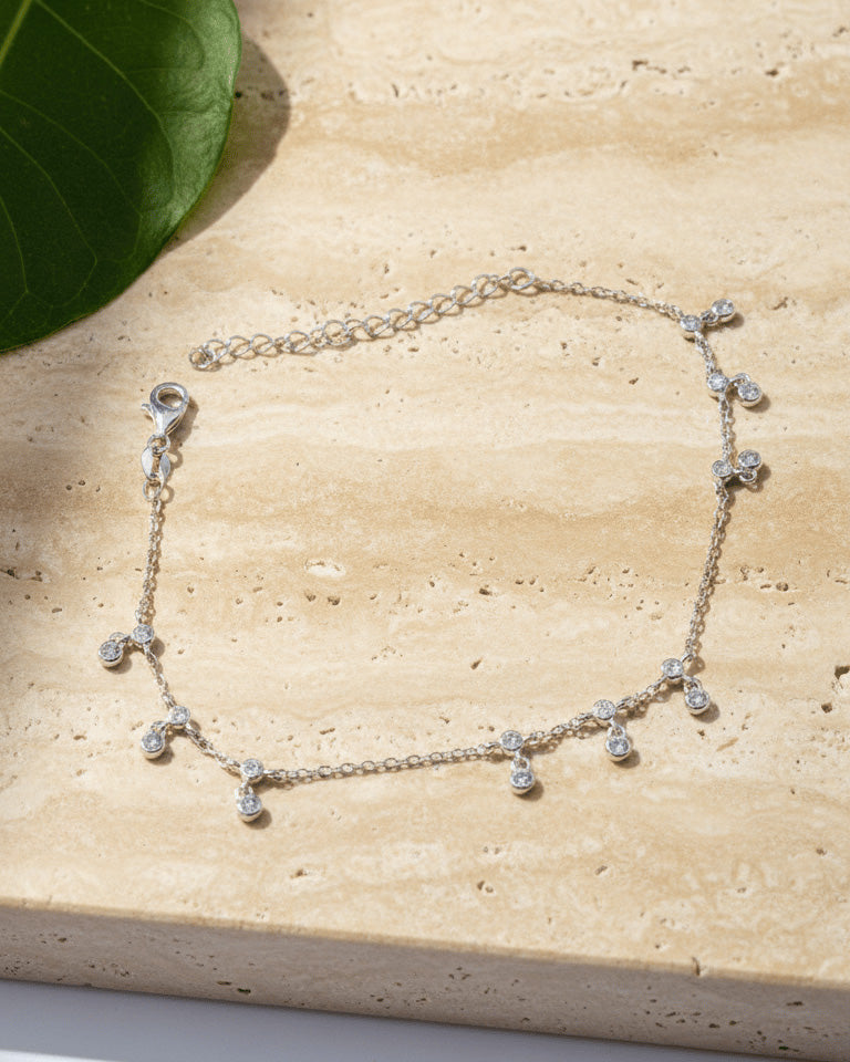 dangling CZ bezel setting anklet.