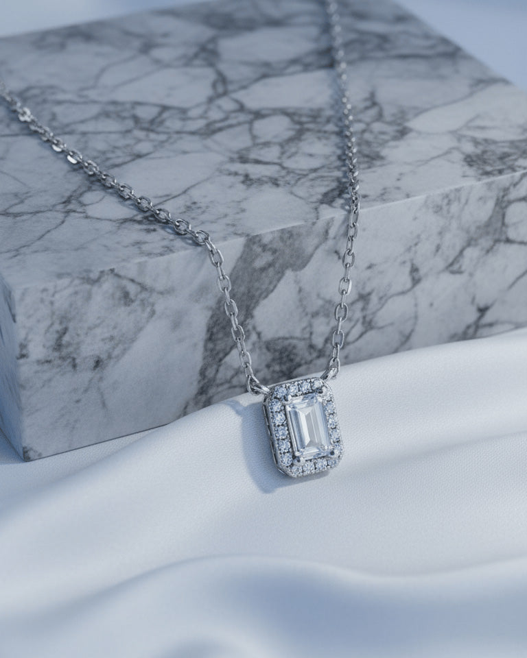 emerald cut diamond style necklace.