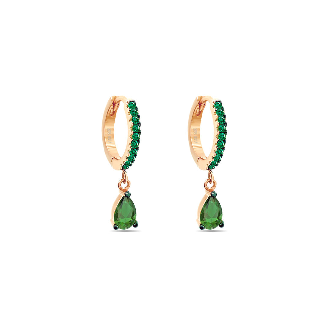 emerald color drop shape dangling hoops.