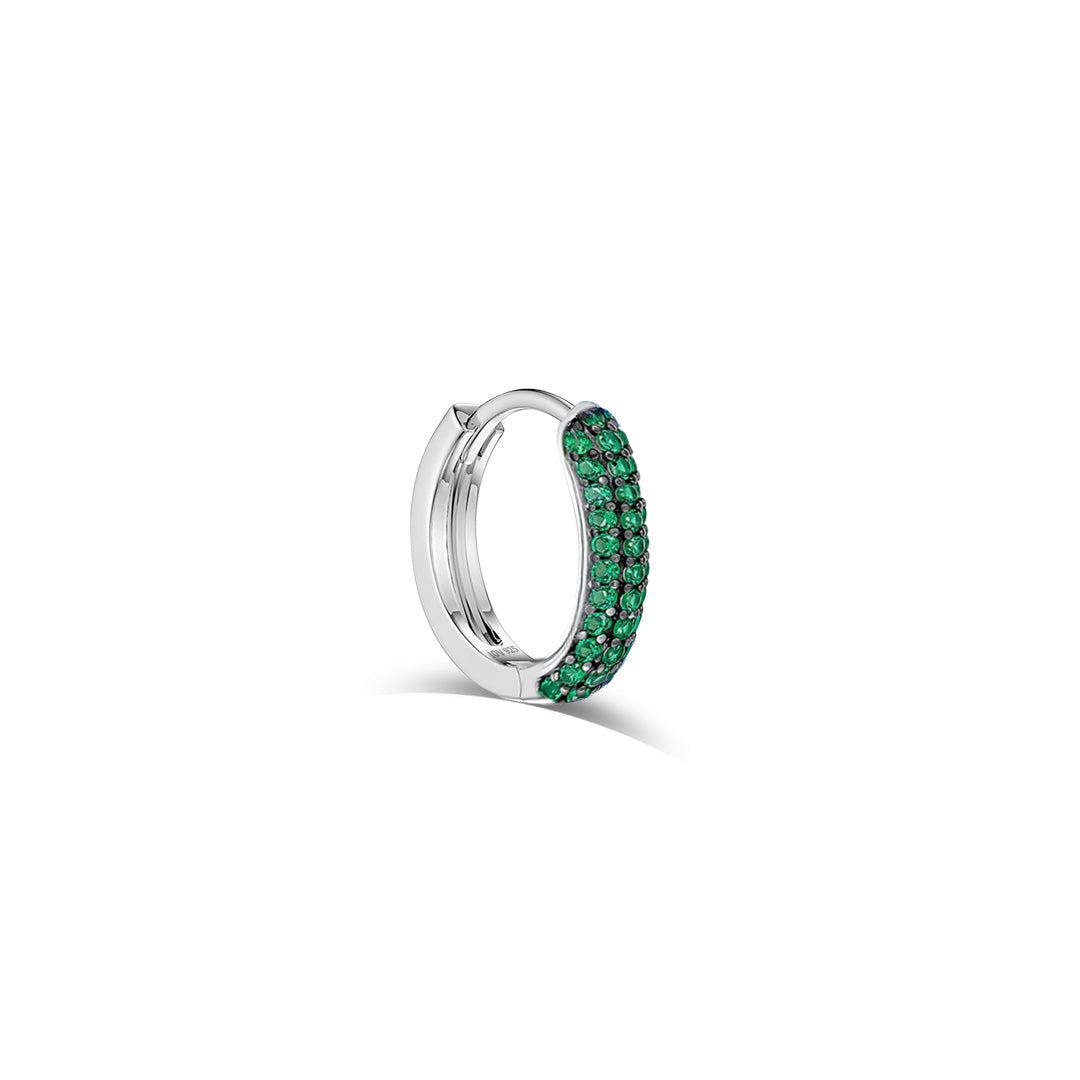 huggie emerald and sapphire three rows of stones earring.