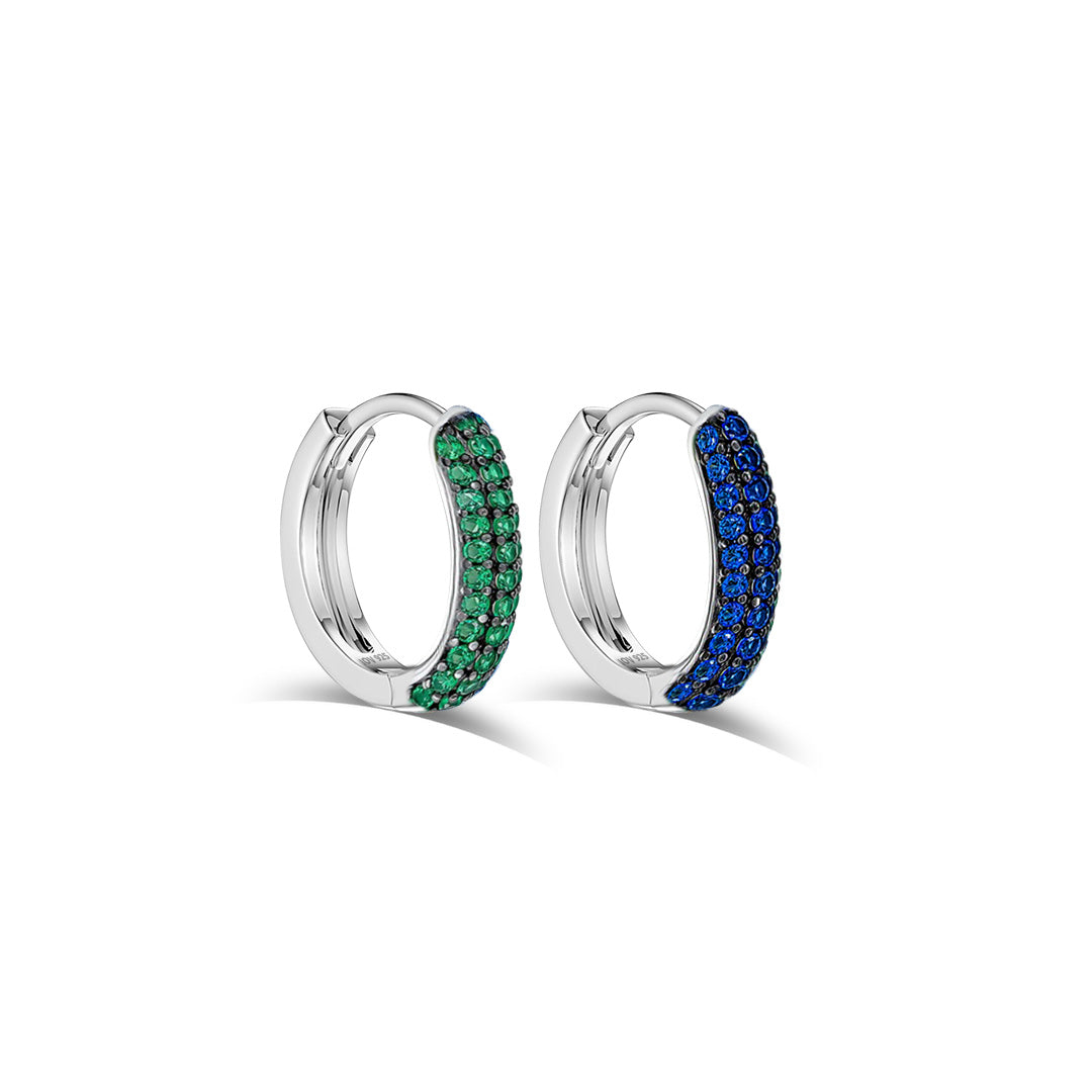 huggie emerald and sapphire three rows of stones earring.