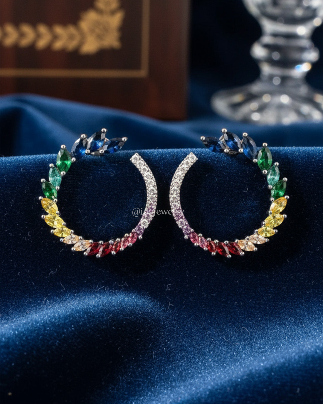 colorful circle shape marquise and round cz stones stud earring.