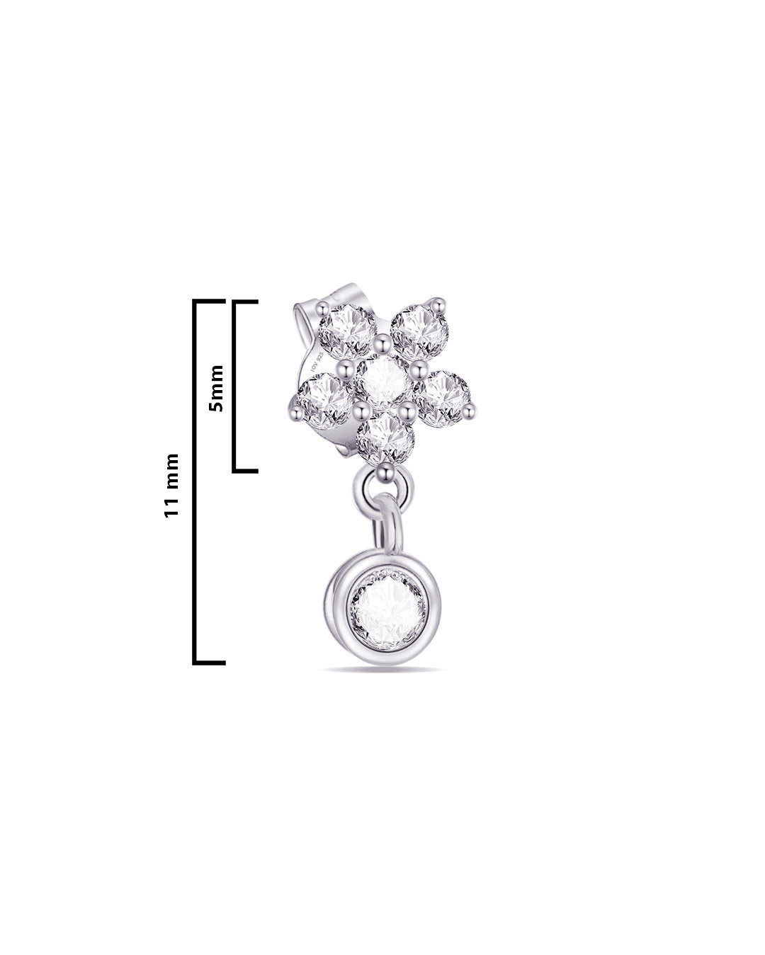cluster of CZ stones in the shape of a flower with dangling stone in a bezel setting stud earring.