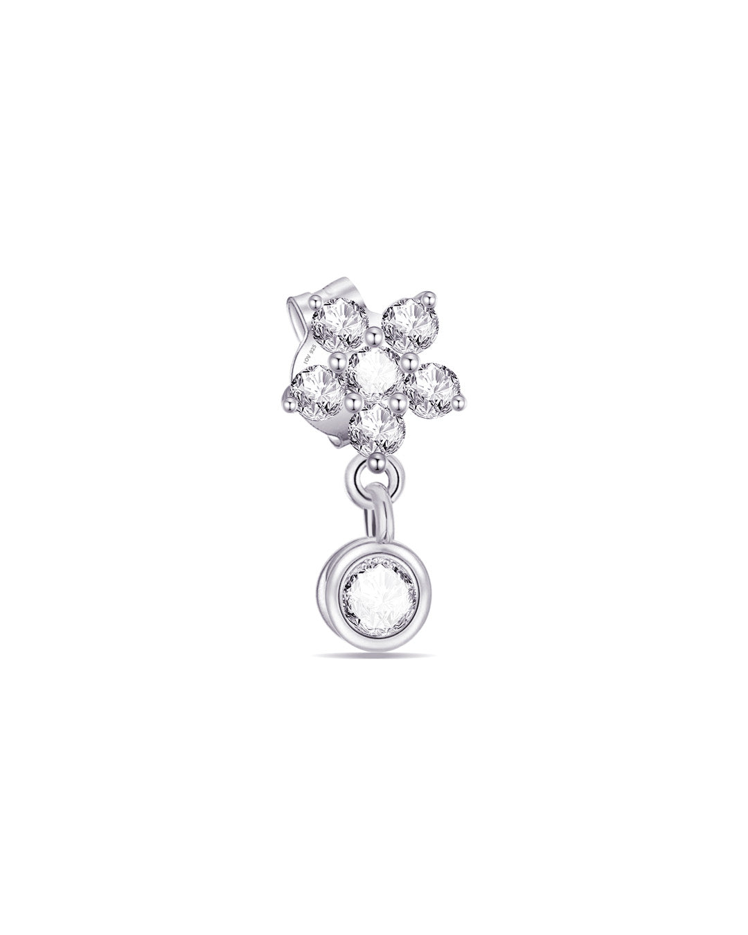 cluster of CZ stones in the shape of a flower with dangling stone in a bezel setting stud earring.